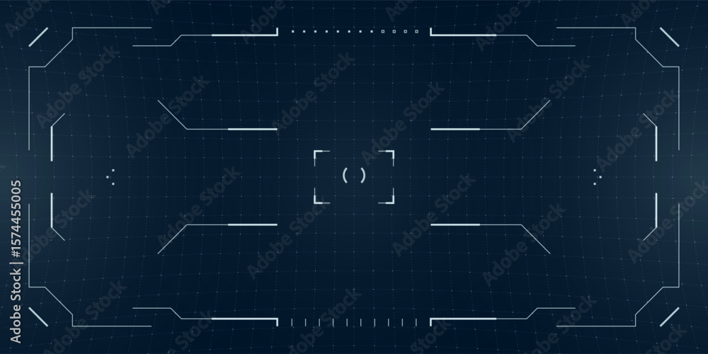 Poster glowing cyberpunk hud overlay with digital targets and tactical reticle elements. blueprint grid bac