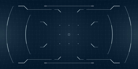 Military cyber interface with glowing reticle and blueprint grid. HUD layout blends futuristic data design with camera overlays and sci fi glitch elements.