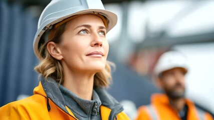 A female engineer oversees the loading of cargo containers at a bustling warehouse dock.