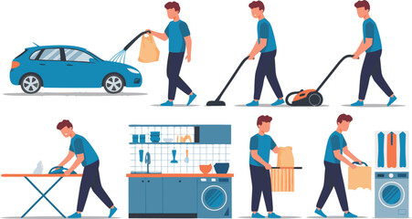 Man Performing Various Household Chores Washing Car, Vacuuming, Mowing Lawn, Ironing Clothes, Laundry