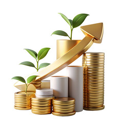 Golden arrow graph with stacked coins and growing plants isolated on a transparent background