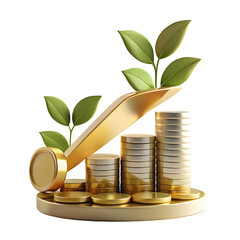 Golden arrow pointing up with stacks of coins and green leaves isolated on a transparent background