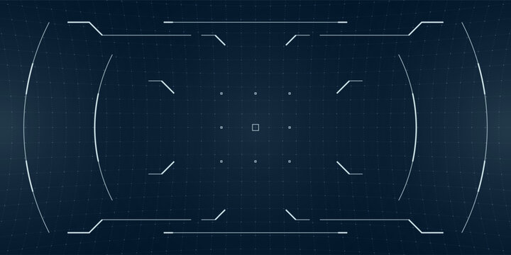 Military cyber interface with glowing reticle and blueprint grid. HUD layout blends futuristic data design with camera overlays and sci fi glitch elements.
