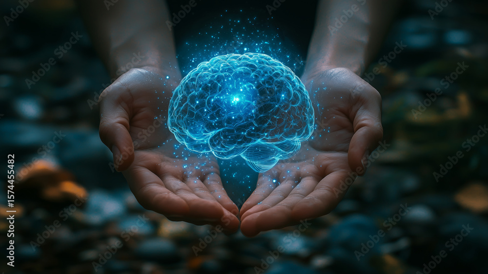 Poster man holding a floating digital 3d hologram projection of a human brain on dark background. generativ