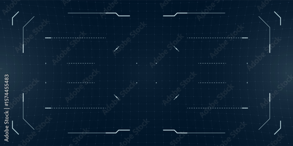 Poster cyber hud design with camera glitch effects and vr blueprint grid. futuristic game interface blends 