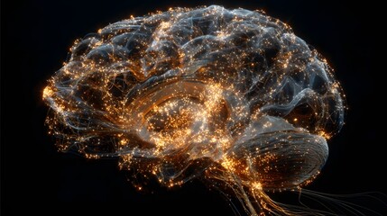 Futuristic visualization of a glowing digital brain network showing neural connections and data flow in motion