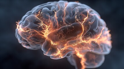 Futuristic visualization of a glowing digital brain network showing neural connections and data flow in motion