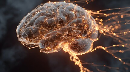 Futuristic visualization of a glowing digital brain network showing neural connections and data flow in motion