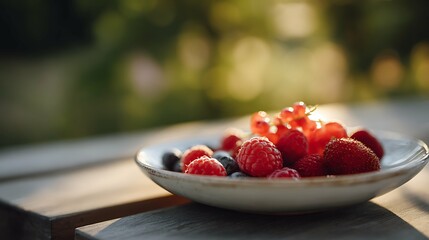 Various berries in a white plate. Blueberries, blackberries and raspberries are delicious diet berries. Plate on wooden table in garden ,golden hour