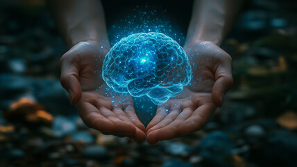 Man holding a floating digital 3D hologram projection of a human brain on dark background. Generative ai