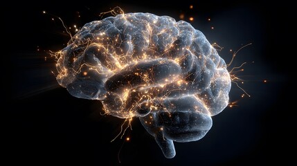 Futuristic visualization of a glowing digital brain network showing neural connections and data flow in motion
