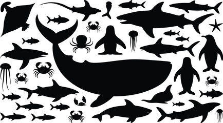 Silhouette Compilation of Marine Animals Sharks, Whale, Penguins, Jellyfish, Starfish, Crabs, and Fish