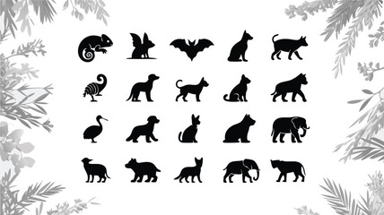 Silhouette Collection Animals Including Chameleon, Rabbit, Bat, Dogs, Cat, Heron, Elephant, and Other Wildlife