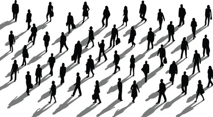 Silhouette Crowd of People Walking with Shadows on a White Background, Top View