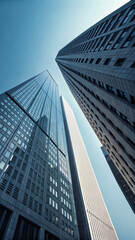 Low Angle View of Modern Skyscrapers with Reflective Glass Facades in Minimalist Architectural Style