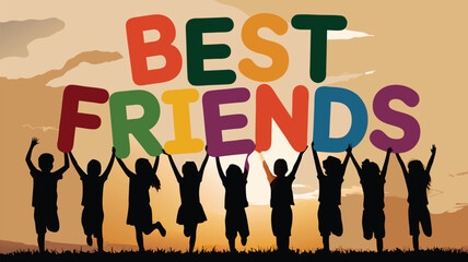 Silhouetted Children Holding Colorful Best Friends Letters Against a Sunset Sky Background