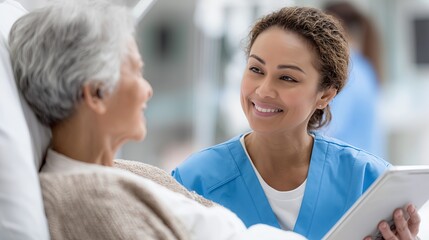 Healthcare professional interacts with elderly patient in hospital setting