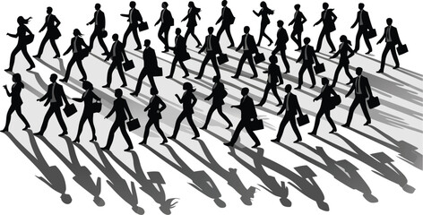 Silhouetted Crowd of Business People Walking with Briefcases and Long Shadows on White Background