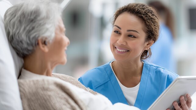 Healthcare professional interacts with elderly patient in hospital setting