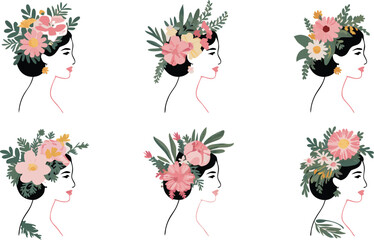 Six Stylish Woman Portraits Adorned with Pink Flowers and Green Leaves Crown Design