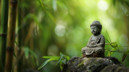 Serene buddha statue amidst lush bamboo grove. Neural network AI generated