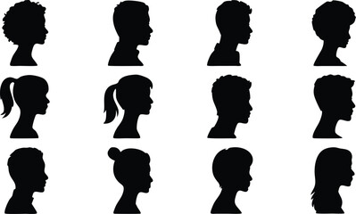 Twelve Black Silhouettes of Diverse People in Profile with Different Hair Styles and Lengths