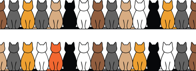 Two Rows of Cartoon Cats in Various Colors Sitting Close Together in a Row