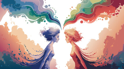 Two Women Facing Each Other with Colorful Abstract Elements and Fluid Shapes Illustration