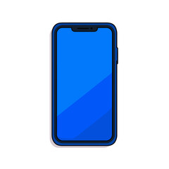 Smartphone displays blank blue screen on white background studio