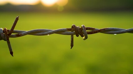 Barbed wire fence with green field background, warm sunset light - Powered by Adobe