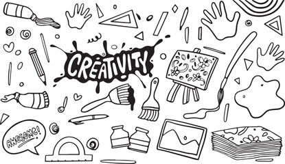 Creative Tools Doodle Pack – Paint, Brush, Creativity, Drawing Tools, Pen, Art Icon, Sketch Style, Hand-Drawn, Black and White, Supplies, Pencil, Imagination, Marker, Graphic, Studio