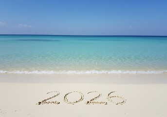 Fototapeta premium The year 2026 written in the sand on a clear day
