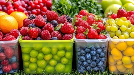 Colorful assortment of fresh fruits in plastic containers.