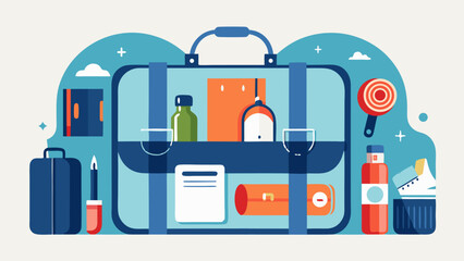 A blue suitcase with a red handle and a yellow briefcase on top of it. The suitcase is filled with various items such as a bottle, a book, a cell phone, and a compass