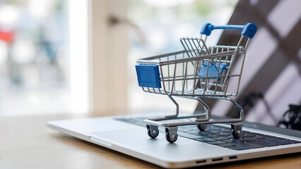 Close-up showcases a miniature shopping cart on a laptop, symbolizing online shopping and e-commerce with a focus on convenience and digital retail.
