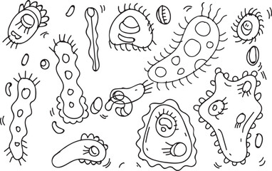 Microorganism Bacteria Doodle – Germs, Cells, Virus, Science, Biology, Sketch, Line Art, Microbes, Hand-Drawn, Abstract, Science Icon, Medical, Pathogen, Black and White