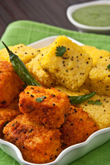 Vadodara, Gujarat / India - January 07, 2015 : Spicy Khaman, an Indian snack.