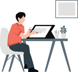 The boy is drawing on the chart