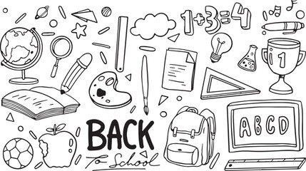 Back to School Doodle Vector – Education, Books, Stationery, Learning, School Supplies, Knowledge, Chalkboard, Pencil, Bag, Science, Math, Classroom, Study, Teacher, Kids