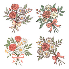 Hand drawn elegant rose and daisy flower bouquet with pastel leaves and bow illustration
