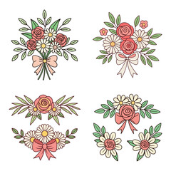 Hand drawn bouquet with pink roses, white daisies and soft green leaves tied with pastel ribbon