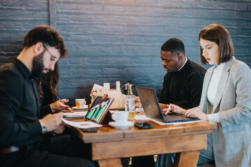 A diverse group of colleagues work together with laptops and documents in a modern office. The team...