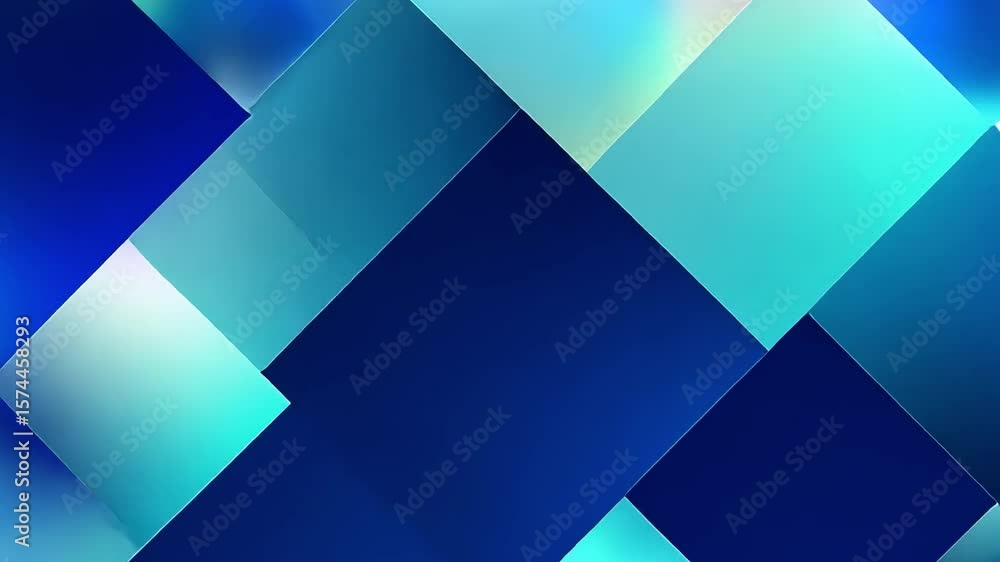 Poster geometric symphony: abstract art in blue and cyan, depicting a dynamic arrangement of overlapping sq