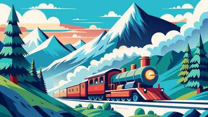 A colorful train is traveling through a mountainous landscape. The train is surrounded by trees and mountains, and the sky is filled with clouds. The scene is peaceful and serene