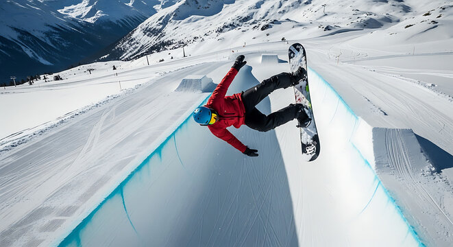 Snowboarder performing a trick on a halfpipe in a snowy mountain landscape during a winter day sport