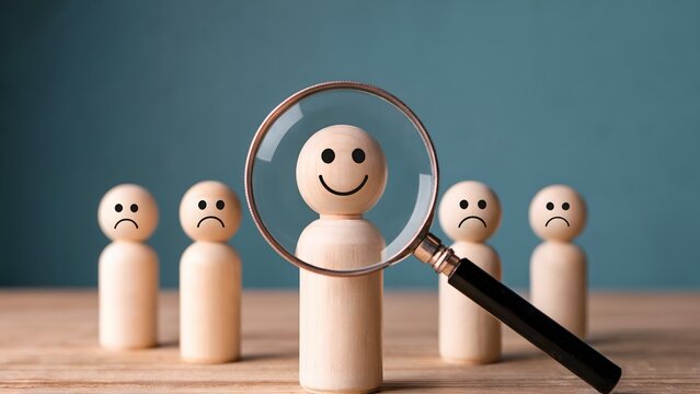 Wooden figurines show the selection process, highlighting a happy face under a magnifying glass amidst others with sad faces, depicting positivity, success, and recruitment.