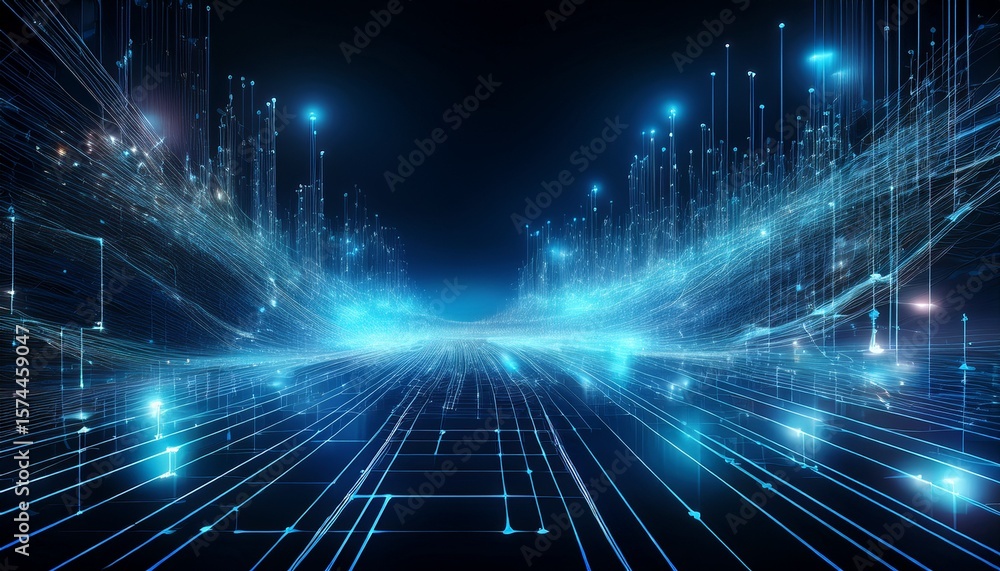 Poster futuristic digital data network visualization with blue light connections and abstract nodes