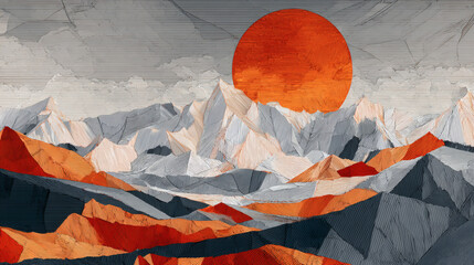 A vibrant orange sun sets over a geometric mountain range landscape.