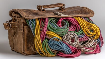Vintage leather satchel overflowing with colorful electrical wires