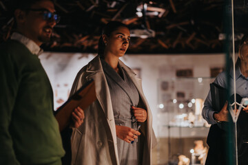Group of people examining exhibits in a dimly lit museum setting, focusing on cultural and artistic pieces. The scene captures curiosity, learning, and contemplation amidst a historical environment. © qunica.com